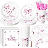 Pickmesh 194 Pcs Pink Bow Birthday Decoration Coquette Birthday Tableware Set Includes Pink Bow Paper Plates Napkins Cups Tablecloth Coquette Party Supplies for Baby Shower Bachelorette Party Decor