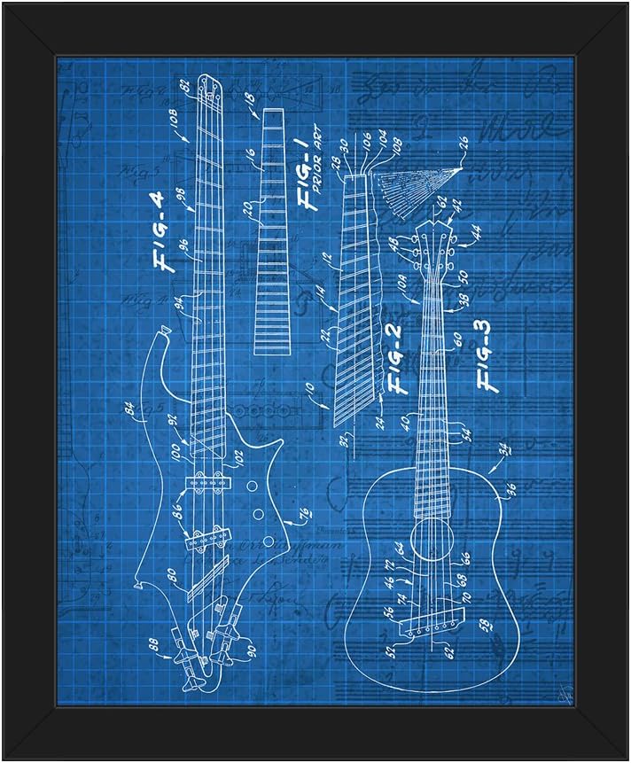 Acoustic Blue Architect: Acoustic & Bass Guitar Blueprints on Graph Paper-Pattern for Music Room Wall Art Print on Canvas with Black Frame