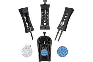 SANDIAN, All-in-1 Value Pak, Golf Tee Height Adjuster Setter, Divot Tool, Genuine Carbon Fiber T300 Made Pitchfork, Super Light, T800 Ball Marker, Hat Clip, Tees, Leather Holster
