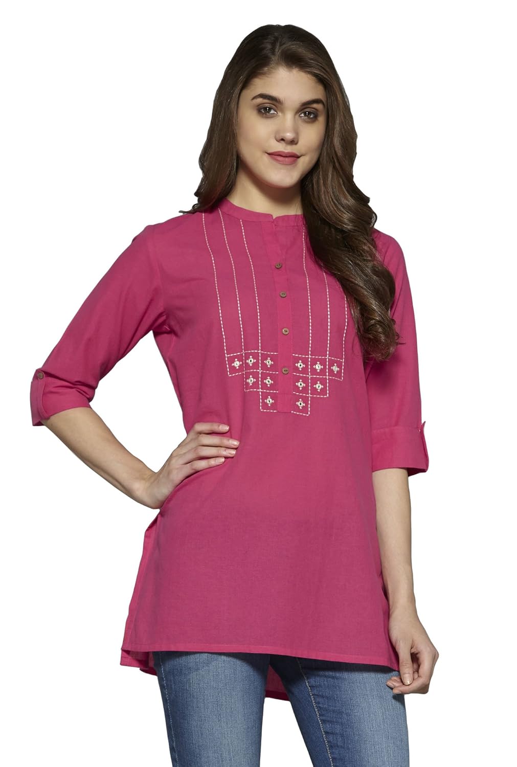 aahwan solid short straight embroidered cotton kurtis for women kurta tunic top (ac-star)