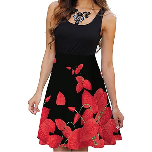 Women's Vintage Scoop Neck Midi Dress Sleeveless Summer Casual Elegant Sundress Floral Printed A-Line Dress