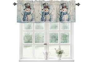 JANNYGOGO Blue Snowman Kitchen Curtains Valances for Windows, Christmas valance for Kitchen Window Curtains & Drapes Rod Pocket Blue Snowy Scene White Valance for Living Room Bedroom Over Sink 54 x 18in,1 Panel