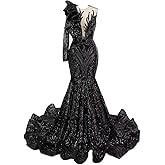 Deep V-Neck Shiny Sequined Mermaid Long Prom One Shoulder Chapel Train Evening Shower Party Dress Women's Ball Gowns