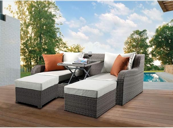 Amazon Com Hq Qili Patio Furniture Sets 3pcs Outdoor Patio Sofa Set With Cushion Pillows Modern Wicker Patio Sofa Ottoman Set For Indoor Outdoor Gray Garden Outdoor