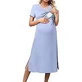 OUGES Womens 2025 Summer Short Sleeve Maternity Nursing Dress V Neck Breastfeeding Split Pregnancy Clothes with Pockets
