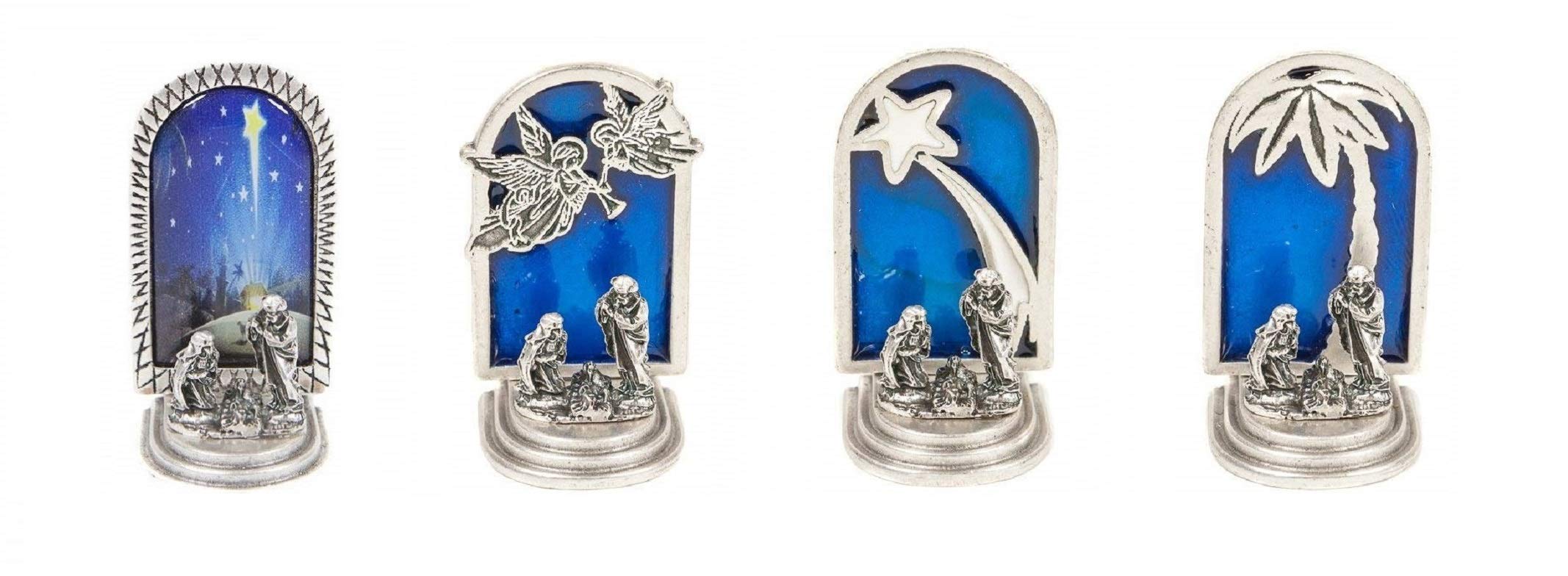 Eurofusioni Collectors Nativity Set - Silver Plated Miniature Nativity Scene - 4 pieces SET: Angels, Star Comet, Palm tree, Image - Christmas decoration