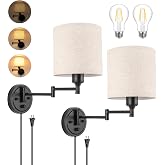GOODATE ENCOMLI Dimmable Plug in Wall Sconces, Swing Arm Wall Lamp, Wall Sconces Set of Two, Plug in Wall Light, Sconces Wall Decor Set of 2, Linen Fabric Shade, 2pcs Bulbs Included