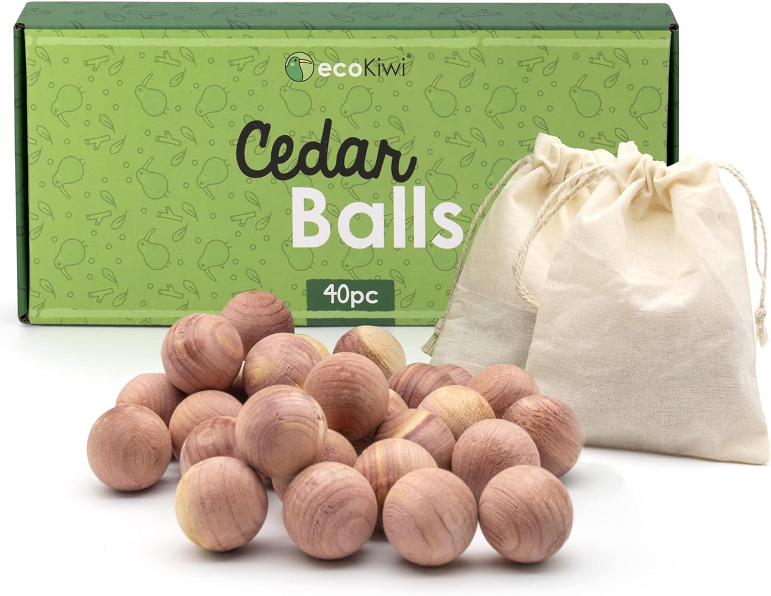 ecoKiwi Moth Balls 40 Pack - Cedarwood Moth Repellent - 100% Natural Cedar Balls Repellent for Wardrobes - Cedar Oil Anti Moth - Moth Treatment for House, Sandpaper & Cotton Bags