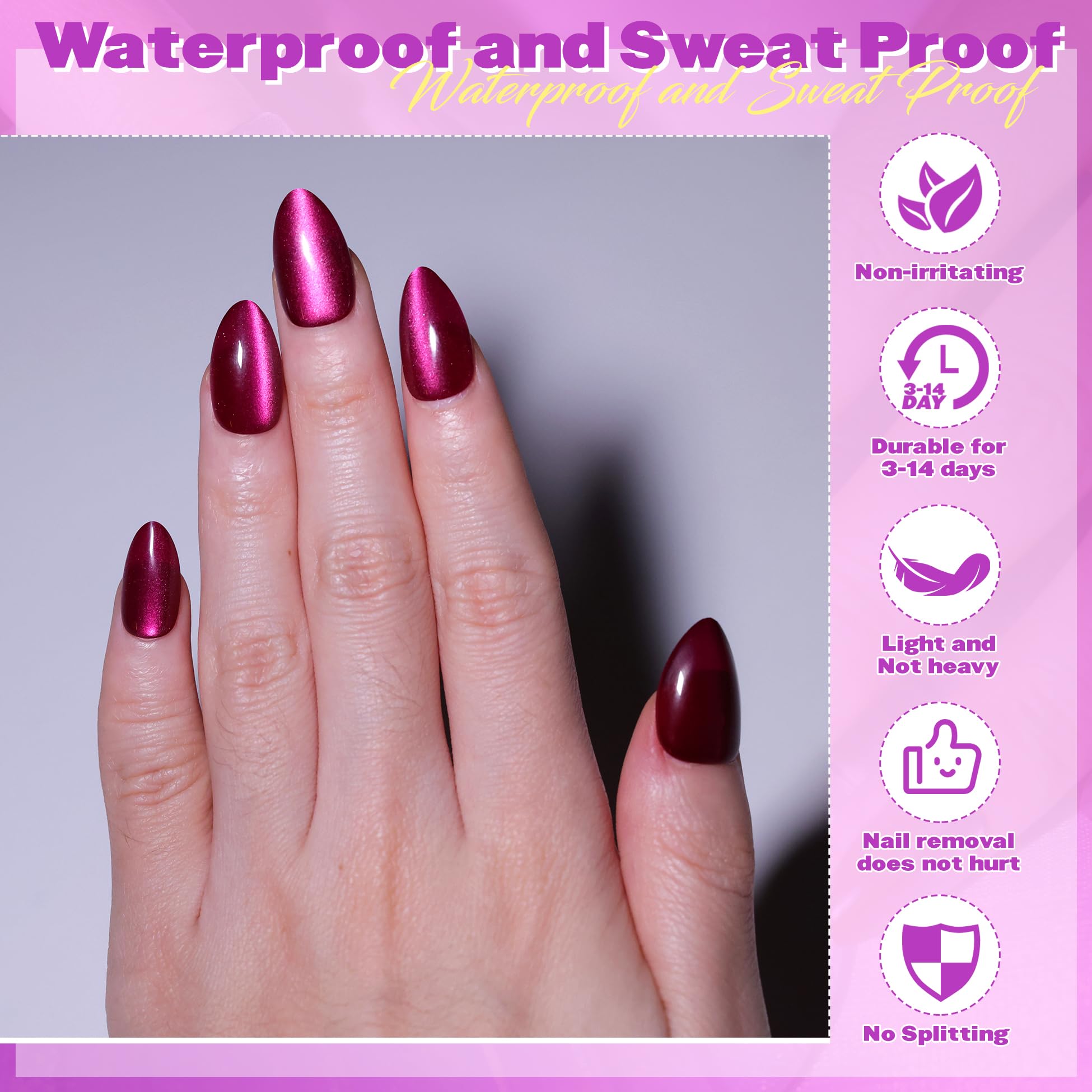 ALICE Press On Nails Short, Natural Almond Stick On Nails, Rose Purple Cat Eye Reusable Press on Nails, Fake Nail 15 Sizes 30 Pcs with Nail Glue and Nail Remover - Image 5