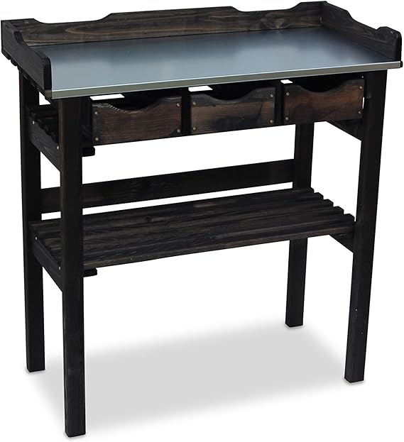Wooden Potting Table with 3 Drawers and galvanised metal work surface