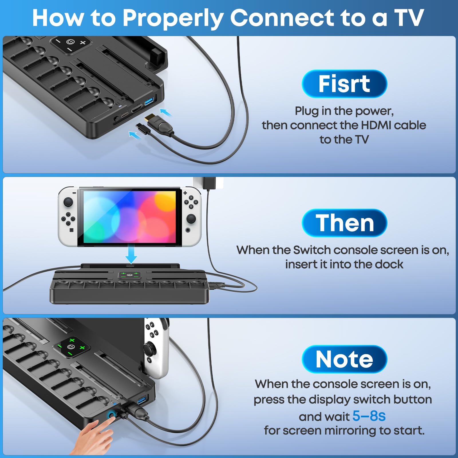 Switch TV Docking Station mit Joycon Ladestation, Switch OLED TV Dock Station für 4K HDMI TV Netzteil, Ersatz Switch Dock mit Schnittstelle & 10 Spiele Aufbewahrung (Nicht für Switch 2) 6
