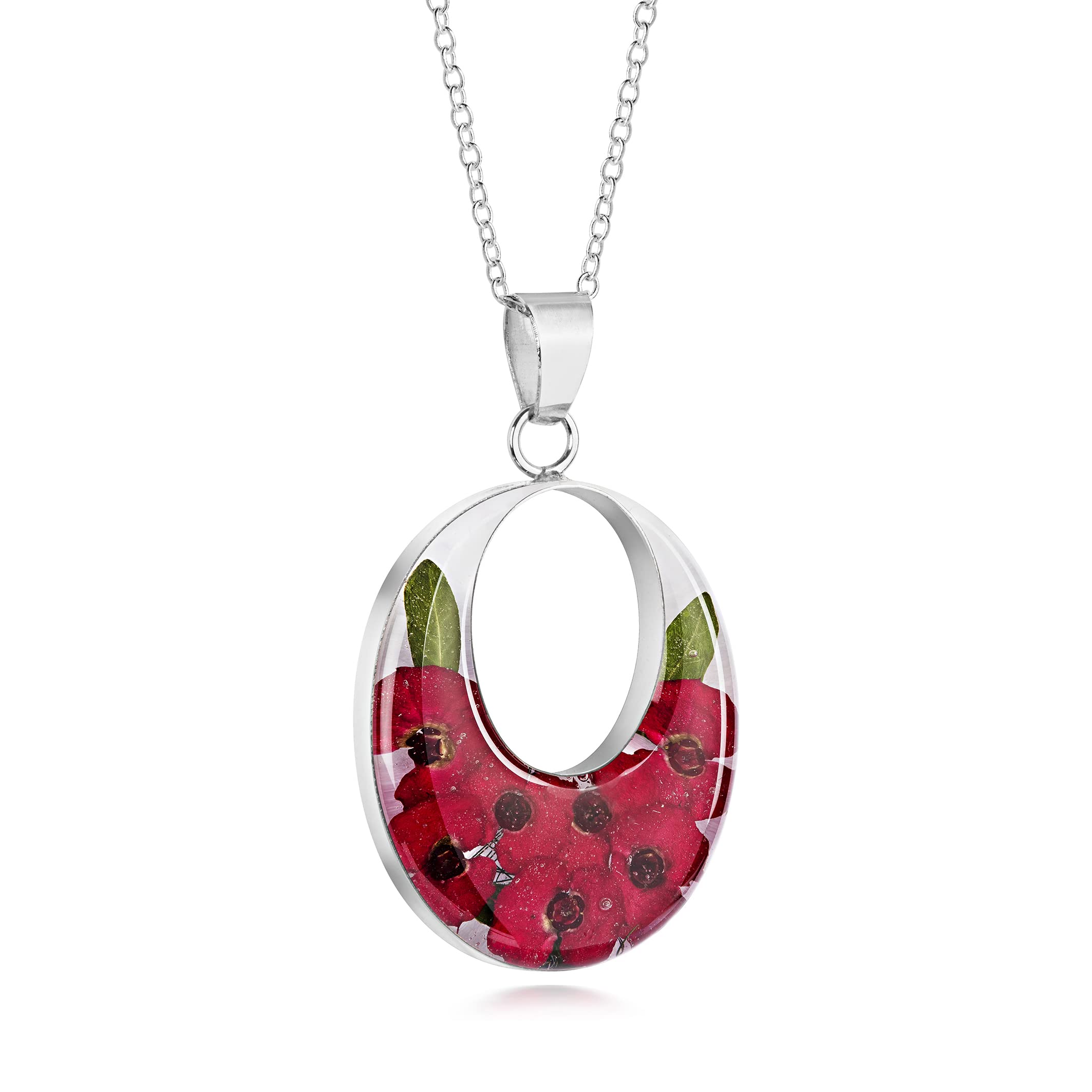 Natural Flower Jewellery Sterling Silver Large Double Oval Pendant Made with Real Poppies