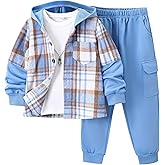 Fdqin 2Pcs Kids Boys Flannel Plaid Shirt Tops Pants Set Hoodie Sweatsuit for Fall Winter Spring Outfits 4-12 Years