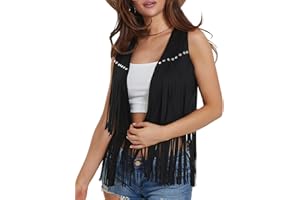 MBZJSDKHLK Women Tassel Vest 70s Hippie Faux Suede Rivets Sleeveless Fringe Waistcoat Open Front Boho Western Jacket Cardigan