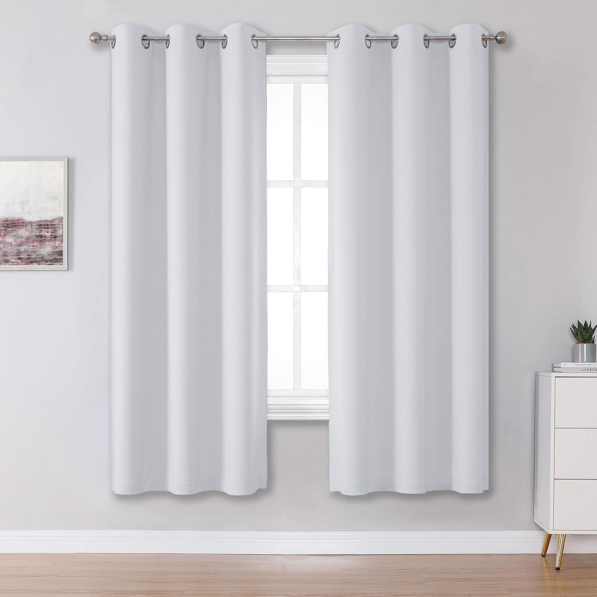 DUALIFE Greyish-white curtains, 160 cm long, thermally-insulated, room-darkening, window curtains for living room, blackout curtain for bedroom, 107 x 160 cm length, 2 panels