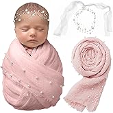 SPOKKI 2 PCS Baby Props Photography Wrap Kit, Newborn Photography Props, Handmade Pearl Wrap Blanket for Baby Photo Props with Pearl Headband, 35.5 X 67 inch Newborn Outfits for Photography (Pink)