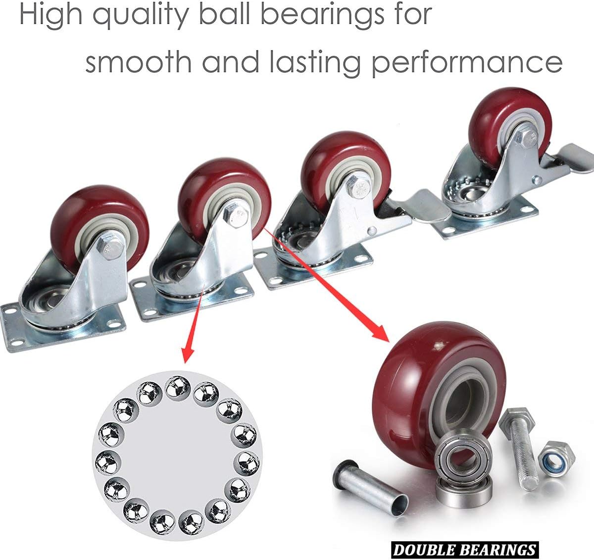 bayite 4 Pack 3" Heavy Duty Caster Wheels Polyurethane PU Swivel Casters with 360 Degree Top Plate 500lb Total Capacity for Set of 4 (2 with Brakes& 2 Without) Red: Home Improvement