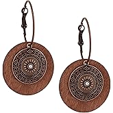 MINACHI Vintage Boho Multilayered Antique Metal Flower Charm Wooden Disc Dangle Drop Earrings, Bohemian Statement Jewelry Gift for Women