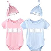 YSCULBUTOL Baby Twins Bodysuits Funny Double Trouble Cute Girl Romper Twin Jumpsuits Hat Set