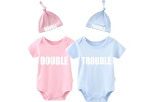 YSCULBUTOL Baby Twins Bodysuits Funny Double Trouble Cute Girl Romper Twin Jumpsuits Hat Set