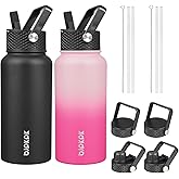 BJPKPK 2 Pack Insulated Water Bottles with Straw Lids, 27oz Stainless Steel Metal Water Bottle with 6 Lids, Leak Proof BPA Free Jugs, Cups, Flasks for Travel, Sports (Cherry+Black)