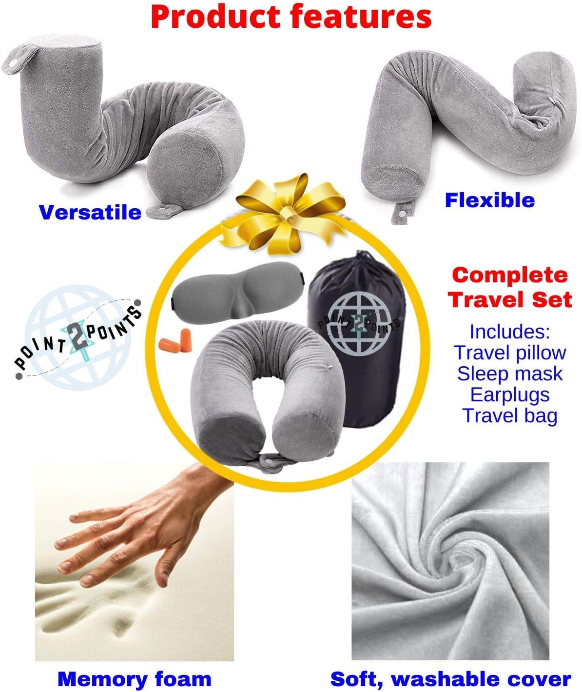 Travel Pillow - Twist, Memory Foam Travel Pillow - Head, Chin, Neck Support Flight Pillow - Best for Long Travels on Airplane, Car, Bus or Home - Complete Set with Sleep Mask, Earplugs and Storage Bag: Home & Kitchen