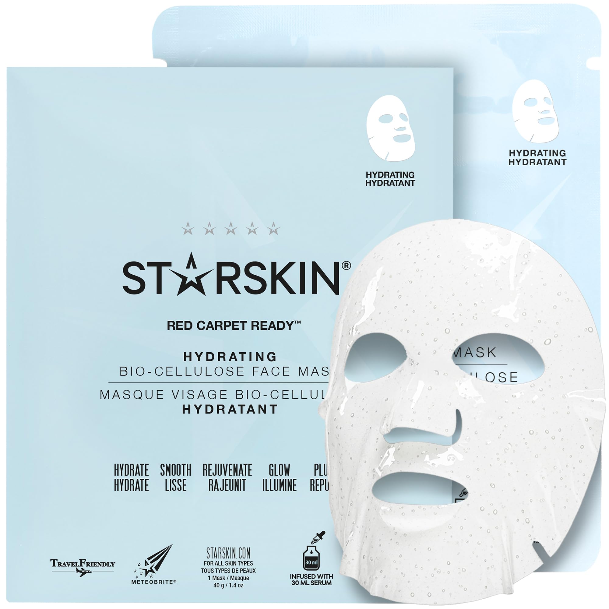 STARSKIN Red Carpet Ready Bio-Cellulose Face Mask – 1 Pack, Hydrating Face Mask for all Skin Types, Instant Hydration & Glass-Skin Glow, Revitalizing and Moisturizing, Korean Skincare