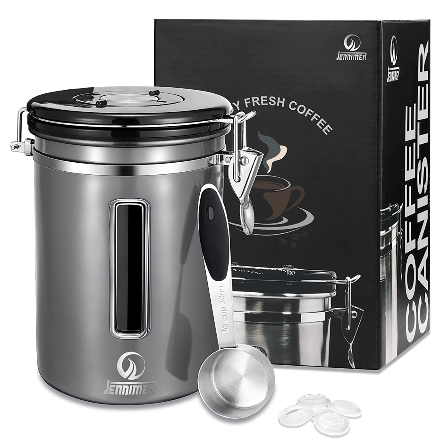 JENNIMER Large Stainless Steel Coffee Container with Clear Window for Fresh and Marine Beans for Longer with Date Indicator, CO2 Release Valve (Grey)