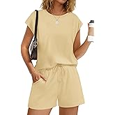 WIHOLL Two Piece Sets for Women Summer Crew Neck Lounge Short Sets Cap Sleeve Drawstring Sweatsuit with Pocket