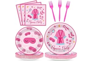 QYEAHKJ 100 Pcs Pajama Party Supplies Sleepover Party Supplies For Girls Sleepover Paper Plates Napkins Spa Slumber Party Tableware Set Birthday Hot Pink Pajama party decorations Serve 25 Guests
