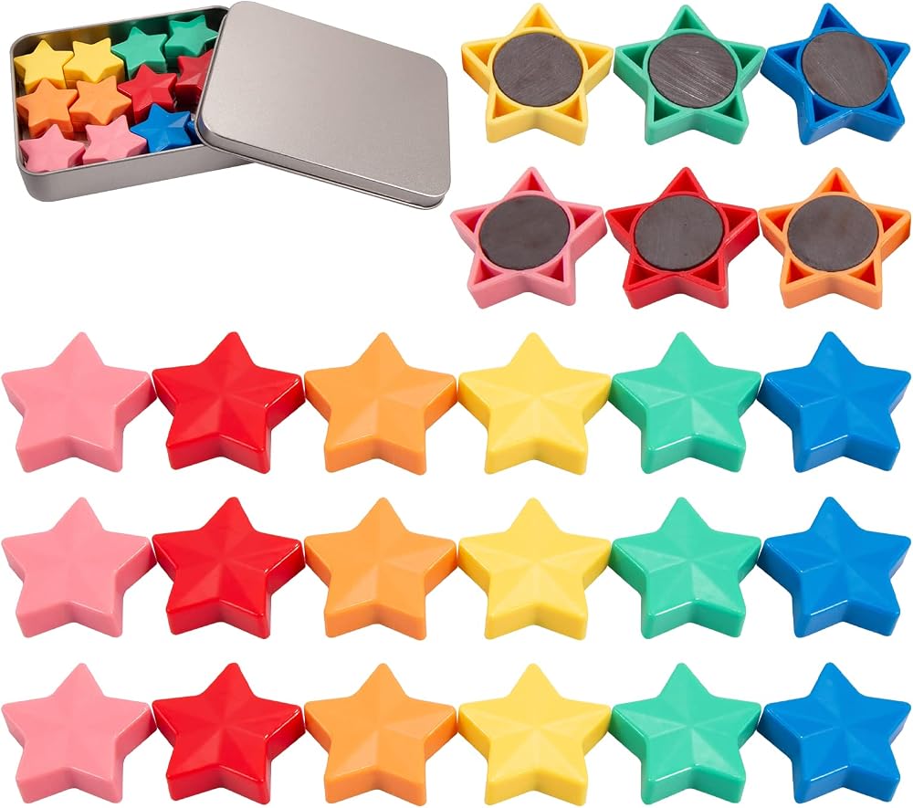 Wukong 24Pcs Star Fridge Magnets 6 Colors 30mm 8mm Thick with Iron Box