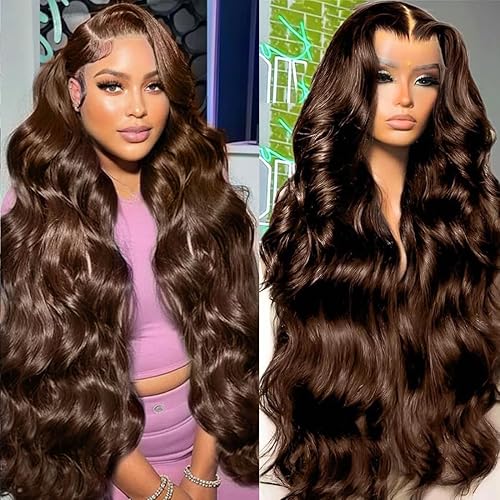 32 Inch Chocolate Brown Lace Front Wig Human Hair 13x6 Body Wave Lace Front Wigs Human Hair 180 Density Hd Pre Plucked with Baby Hair Colored Frontal Wigs 4# Brown Wig for Women