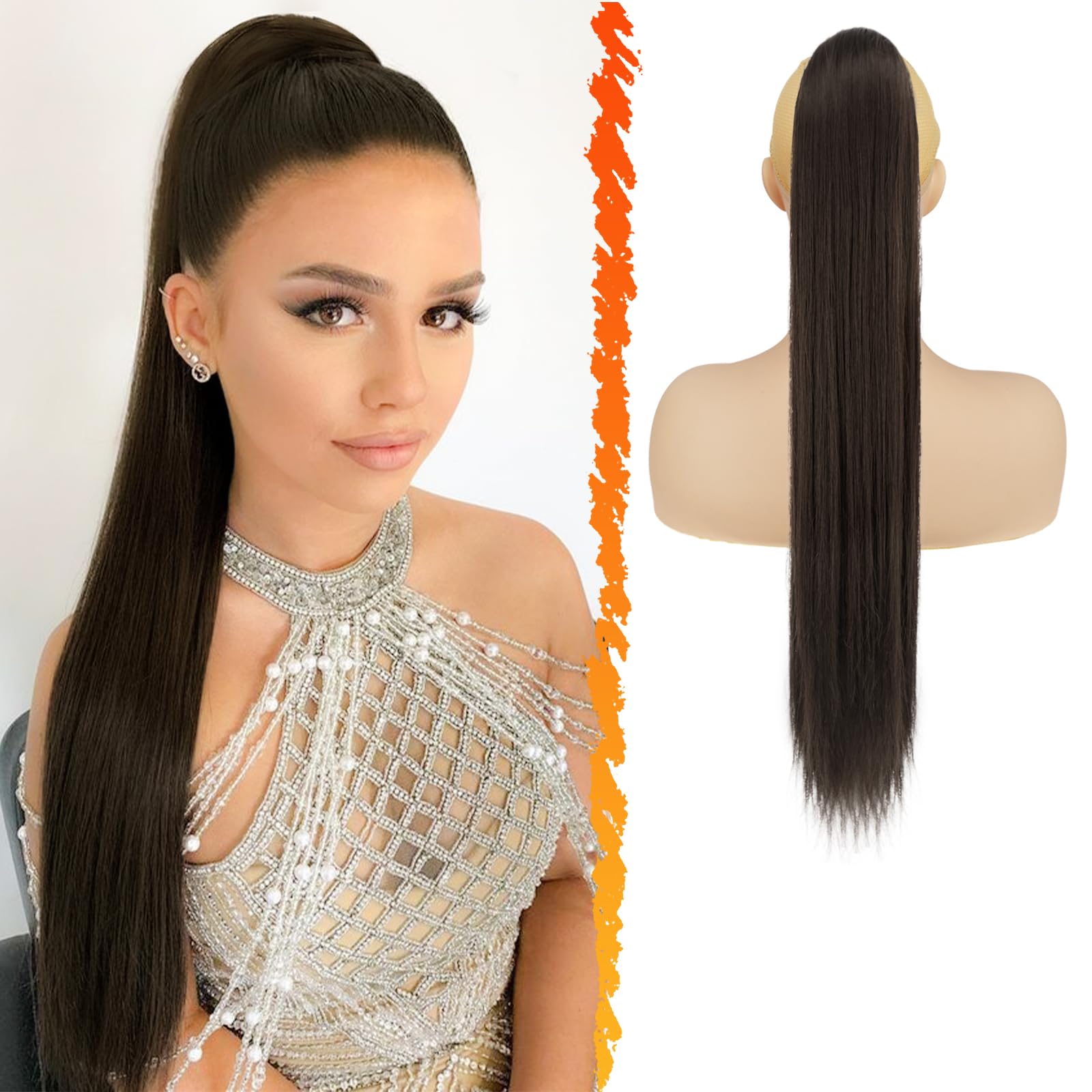 BARSDAR Brown Ponytail Extension, 26 Inch Long Straight Drawstring Ponytail Hair Extensions Synthetic Clip in Pony Tails Hairpieces Fake Straight Ponytail for Women Girls Daily- Dark Brown