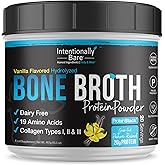Intentionally Bare Bone Broth Protein Powder Vanilla - Grass Fed Protein Powder with Multi Collagen Peptides Type 1 2 and 3 - Dairy Free Bone Broth Powder for Skin, Gut and Joint - 20 Servings