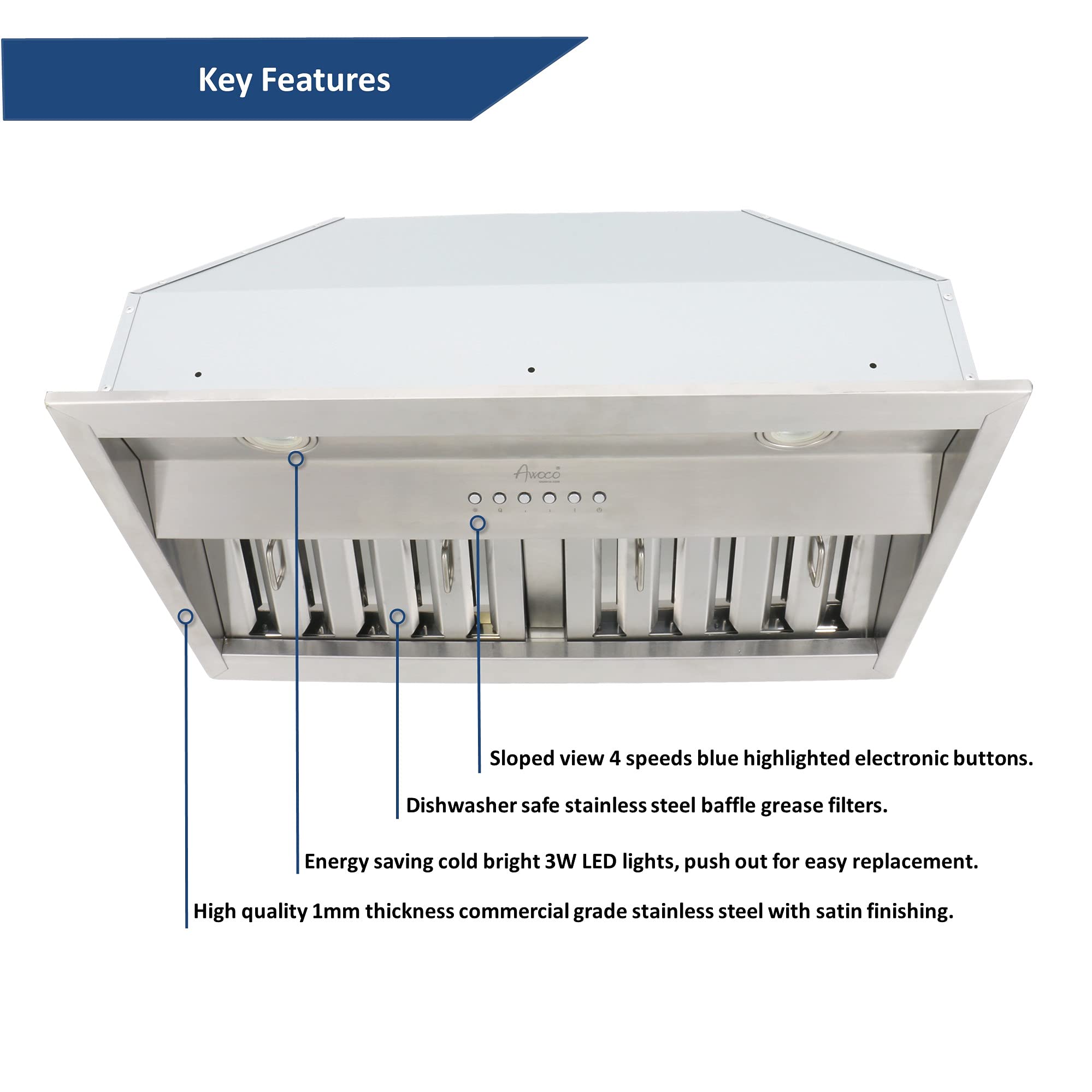 Awoco RH-BQ-X36 18.5” Depth Ducted Built-in/Insert Stainless Steel Range Hood, 4-Speed, 700 CFM, LED Lights, Baffle Filters for Wood Hood (36” Ducted)