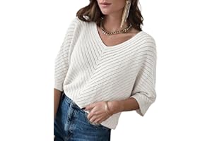 Dokotoo Women's 2025 Summer Spring Casual 3/4 Sleeve Solid Color V Neck Loose Pullover Knit Fall Sweaters Tops