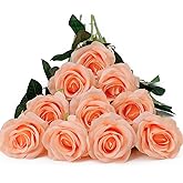 DuHouse 10pcs Fake Roses Artificial Silk Flowers Long Stems Bouquet for Arrangement Wedding Centerpiece Party Home Kitchen Decor(Peach Fuzz-a)