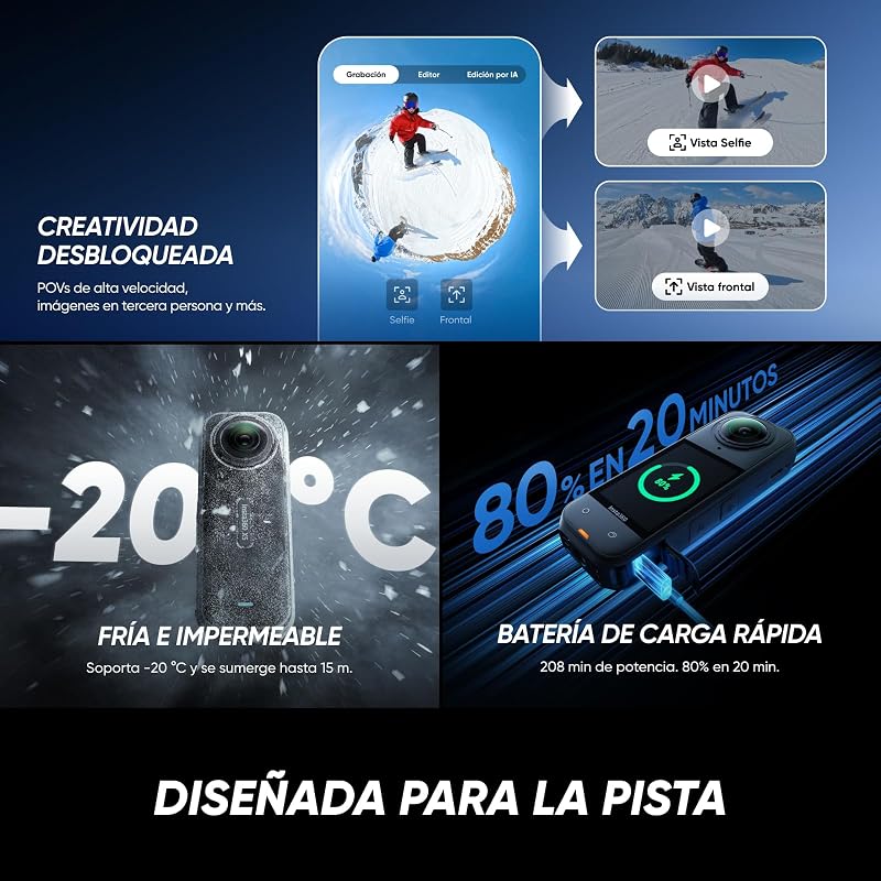 X5 - Cámara 8K en 360° Sumergible, lider con Poca luz, selfiestick Invisible, Lente Dura y reemplazable, batería de 3h, antiviento Incorporado, estabilización, con un Chip IA de Tres Piezas