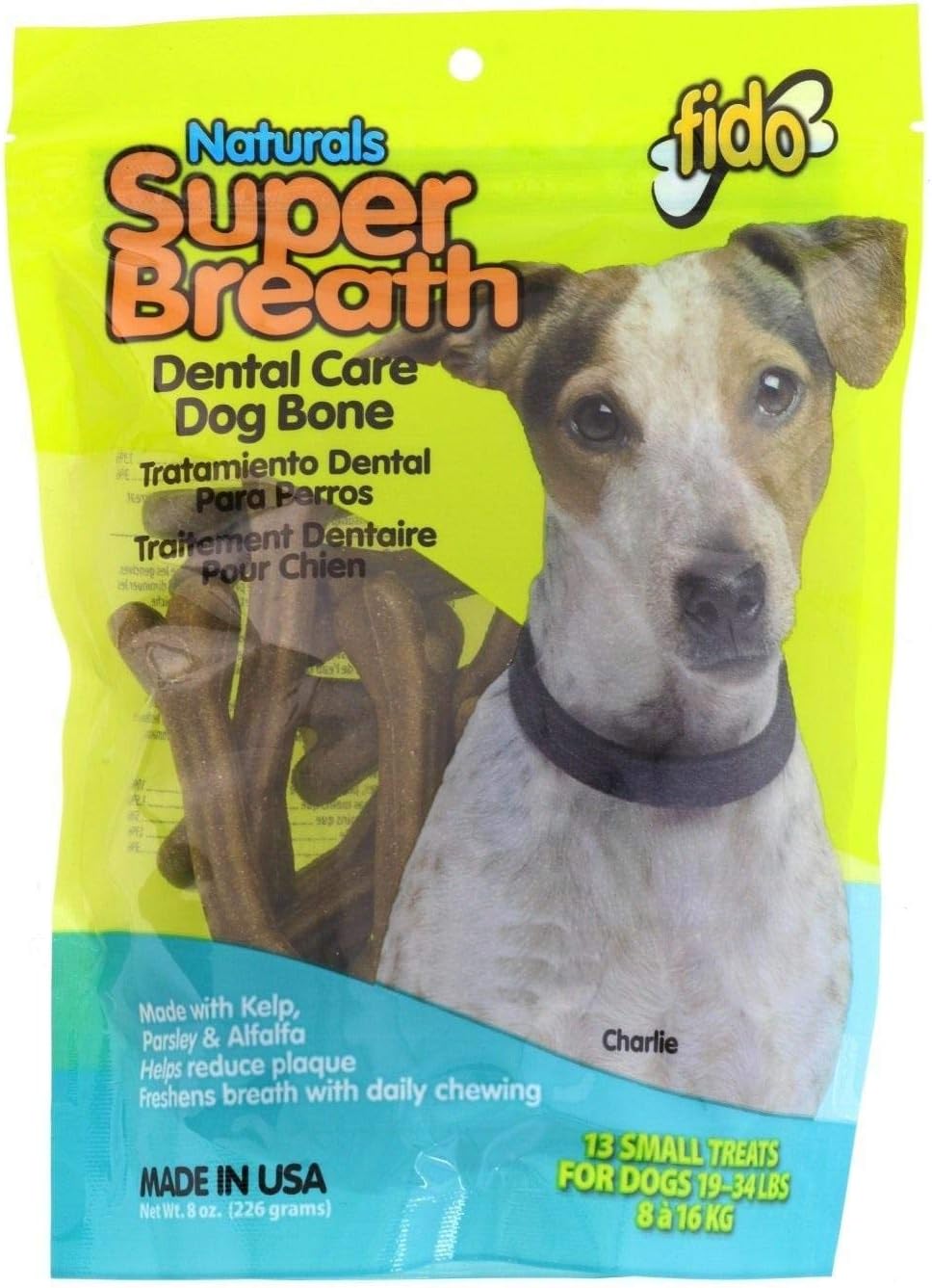 Fido Super Breath Dental Care Bones for Dogs, Made with Kelp, Parsley and Chlorophyll - Naturally Freshens Breath, Reduces Plaque and Whitens Teeth - 13 Small Treats Per Pack