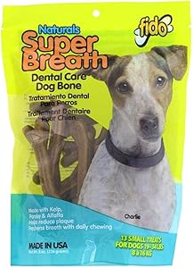Fido Super Breath Dental Care Bones for Dogs, Made with Kelp, Parsley and Chlorophyll - Naturally Freshens Breath, Reduces Plaque and Whitens Teeth - 13 Small Treats Per Pack