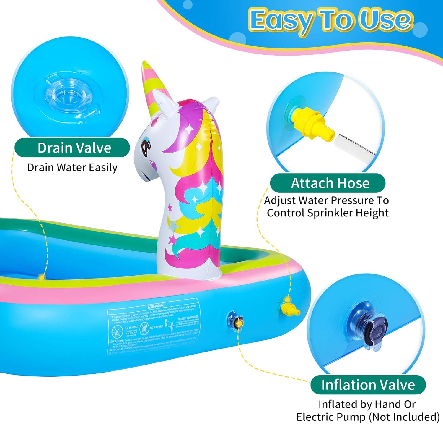 iBaseToy Splash Pad Sprinkler Pool for Kids Toddlers - 68" Unicorn Sprinkler Splash Mat, Inflatable Kiddie Baby Swimming Wading Pool, Outdoor Sprinklers Water Toys Games for Boys Girls Backyard Yard: Kitchen & Dining
