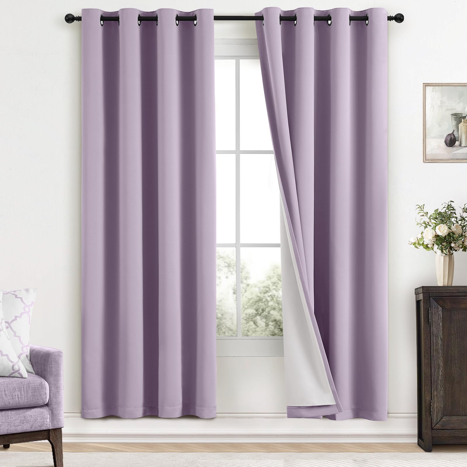 Yakamok Lilac 100% Blackout Curtains 72 Inches Long with 2 Thick Layers-Light Purple Room Darkening Thermal Insulated Window Curtain Set of 2 Panels for Bedroom Living Room 52x72 Inches,Lavender Image