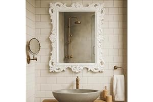 MIDEFINCH Vintage European White Wall Mirror, Ornate Carved Frame Decorative Mirror, Handcrafted Distressed Antique White Fin
