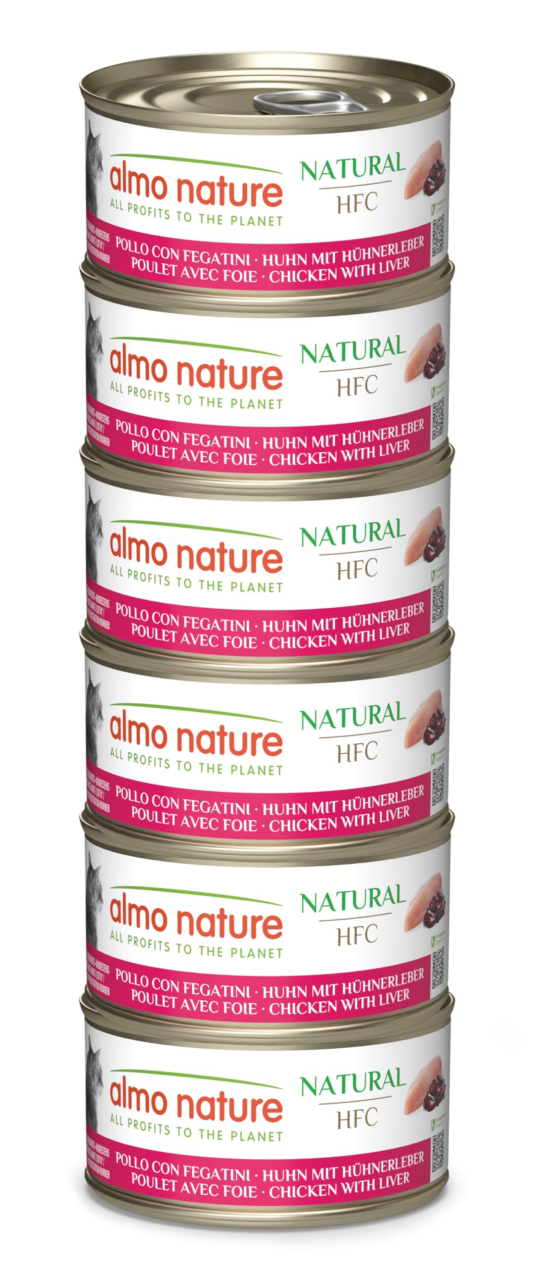 Almo Nature HFC Natural - Wet Cat Food - Chicken and Liver - Human Grade, Gluten Free, Monoprotein - 70g, Pack of 6