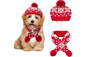 GVHNTK 2 Pcs Dog Costumes Hat Scarf Set Knit Reindeer Snowflake Print Dog Christmas Winter Hat Scarf Cute Warm Pet Costume Accessories for Dogs Cats
