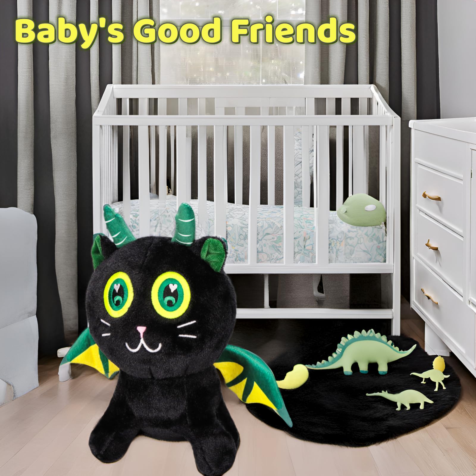 Emoin Black Cat Plush Toy Cute Cat Easter Stuffed Animal with Dinosaur Wings 8.7'' Soft Stuffed Kitten Plushie Doll Cat Plush Easter Gift for Baby Boy Girls