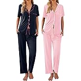 Ekouaer 2 Pack:Womens Pajamas Short Sleeve Pjs Notch Collar Button Up Loungewear Cozy Sleepwear Sets