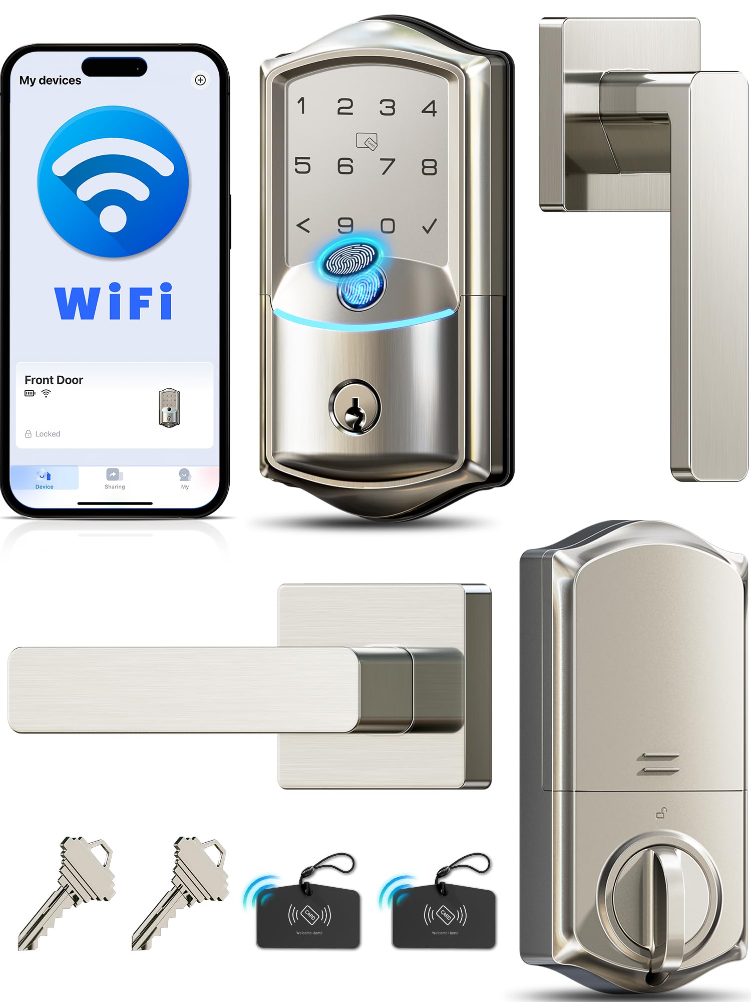 Photo 1 of Veise VE027-L Built-in WiFi Smart Lock with Lever Handles, Fingerprint keyless Entry Door Lock Set, App Remote Control, Electronic Deadbolt for Front Door, Touchscreen Keypad, Auto Lock, Satin Nickel