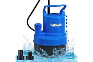 PANRANO 1/3HP Small Water Pump 2200GPH Submersible Sump Pump For Basements Garden Pond Pool Flooded Water Removal With 16.4 Ft Power Cord and Hose Adapters