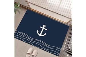 Nautical Theme Rugs for Entryway,2' X 3' Navy Blue Rug Non-Slip Washable Small Area Rug,White Anchor Low-Pile Indoor Door Mat